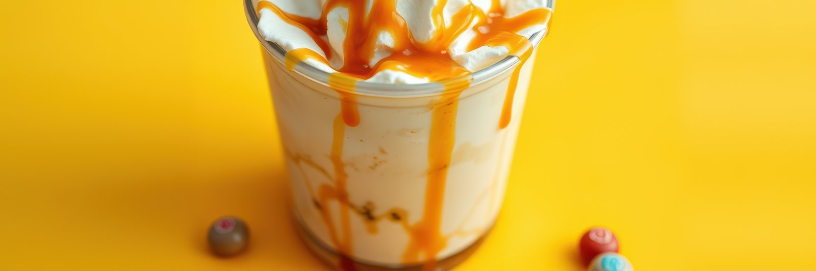 Creamy dessert topped with caramel sauce and colorful candies on a vibrant background